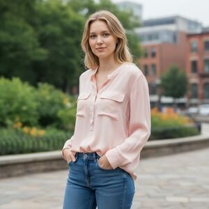 Loft Womens XXL Peach Pink Long Sleeve Utility Blouse Button Front Flap Pockets